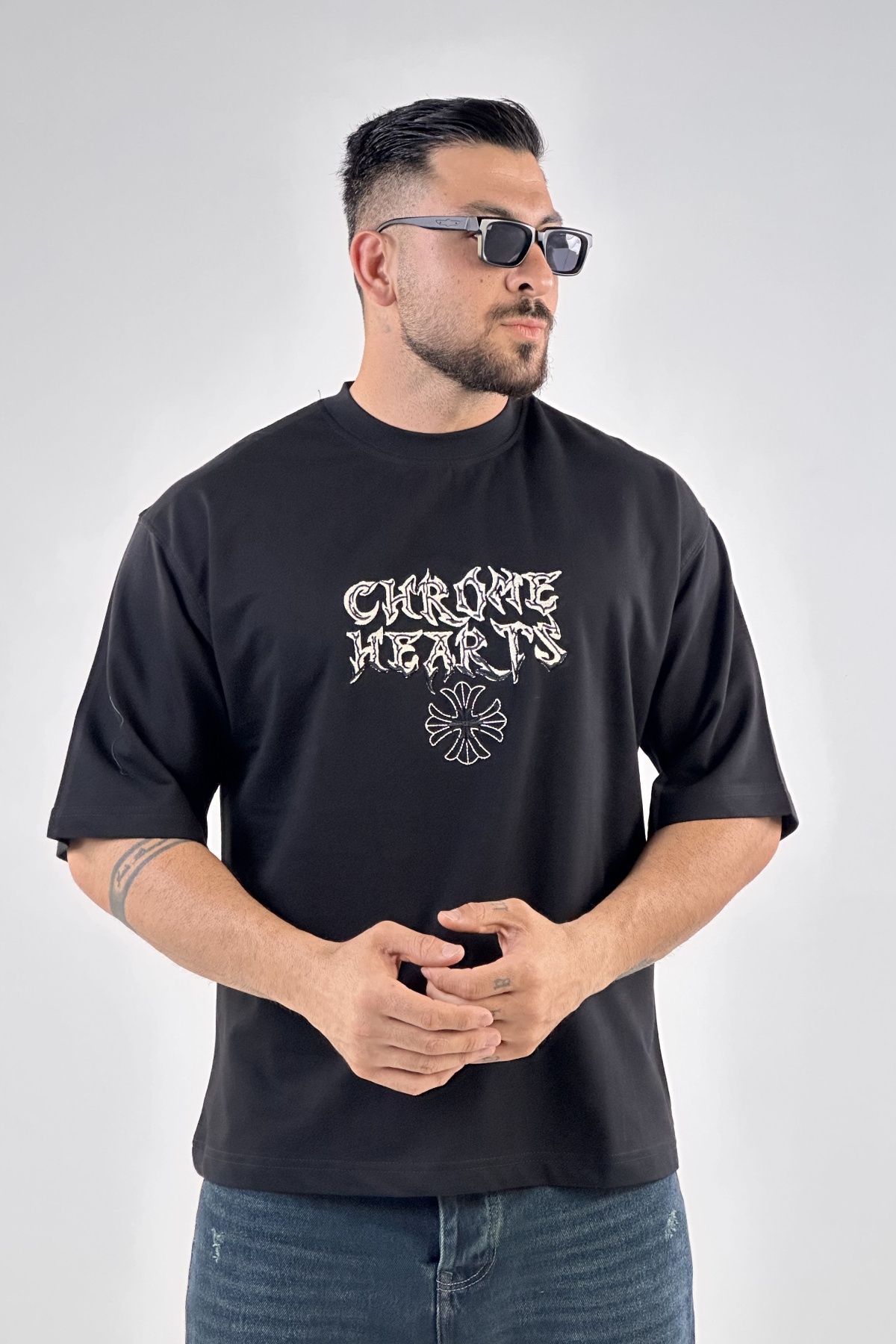 تیشرت مشکی گلدوزی Chrome دو نخ (10466)
